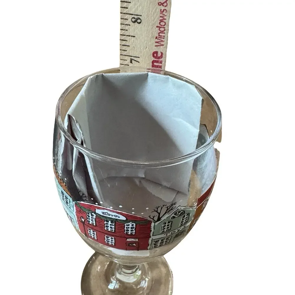 Set of 3 Christmas‎ Village Wine Glasses Holiday Goblets Hand Painted Houses